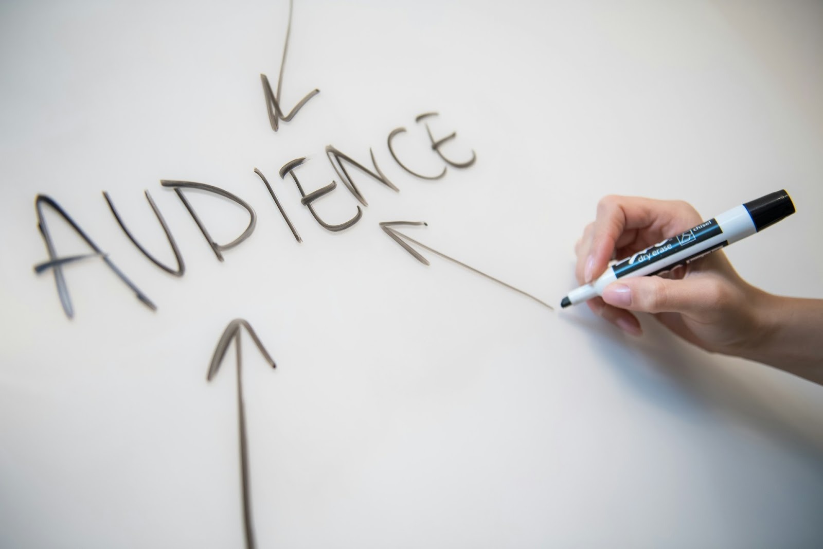 Hand writing the word audience on a whiteboard with arrows pointing to it