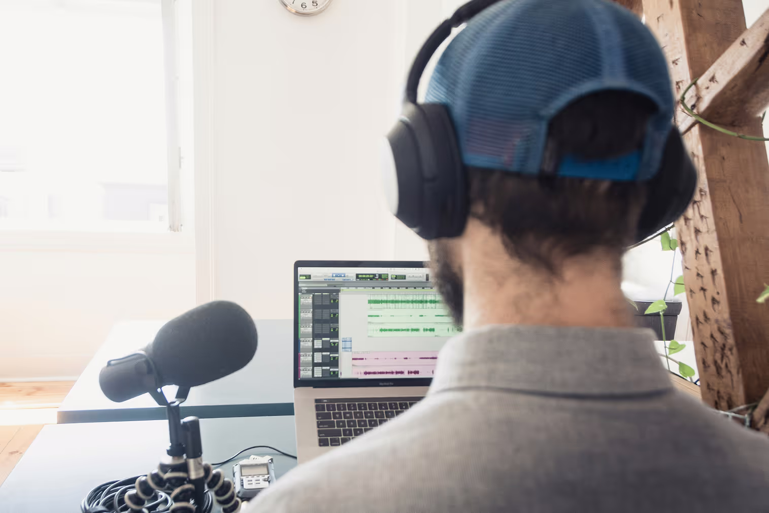 Start Podcast production team editing a podcast episode